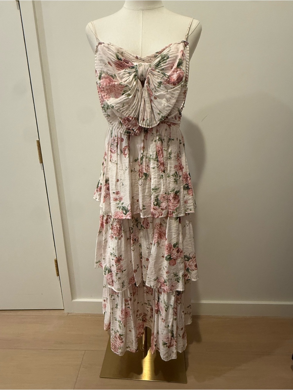 Romantic Pink Floral Tiered Maxi Dress with Bow-Front